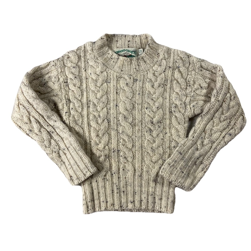 Aran Crafts 100% Wool Cable Knit Sweater Oatmeal Ivory Children's Age 4-5 Flaw